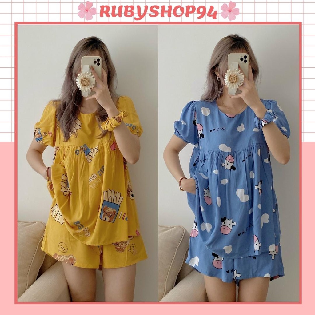 Đồ bộ nữ cộc tay bộ pijama mặc nhà họa tiết dễ thương, Set quần áo ngủ vải lanh cao cấp dày dặn nhiều màu
