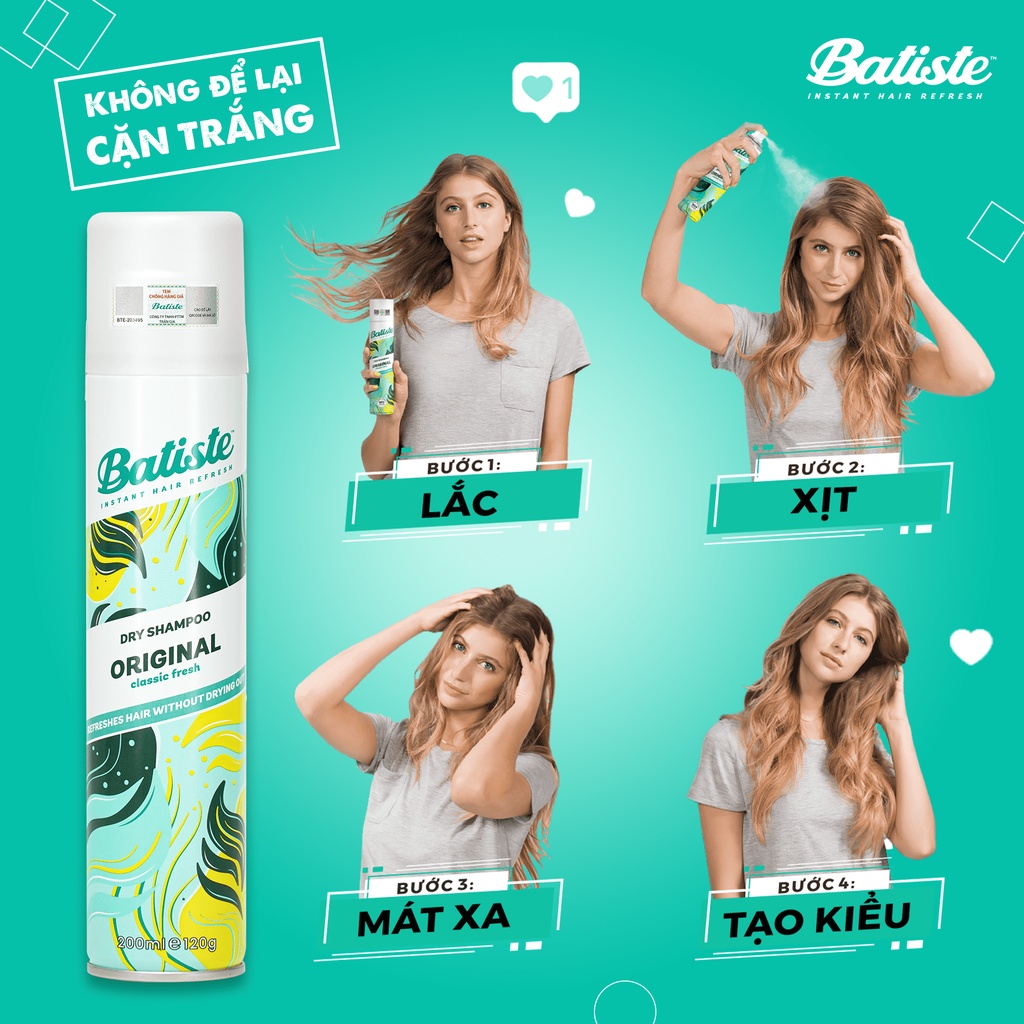 Dầu Gội Khô Hương Cổ Điển Batiste Dry Shampoo Clean & Classic Original 200ml