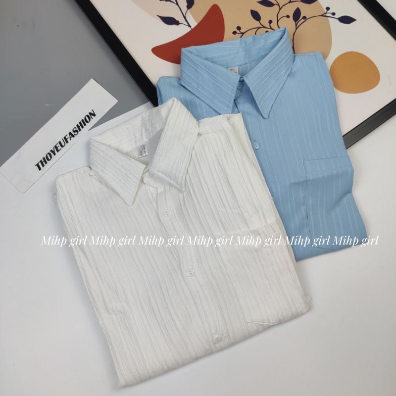 Áo sơ mi oversize vải xốp gân màu pastel thời trang