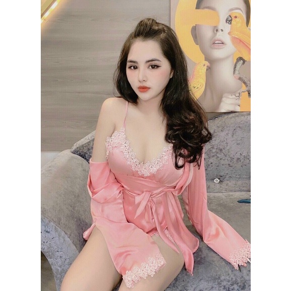 Sét bộ ngủ luạ kèm choàng sexy Viền Ren Chất Lụa Satin mềm mát | BigBuy360 - bigbuy360.vn