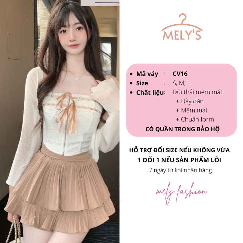 Chân váy xếp ly ngắn xòe 2 tầng cạp cao chất lụa Thái cao cấp trẻ trung năng động vô cùng tôn dáng Mely Fashion CV16