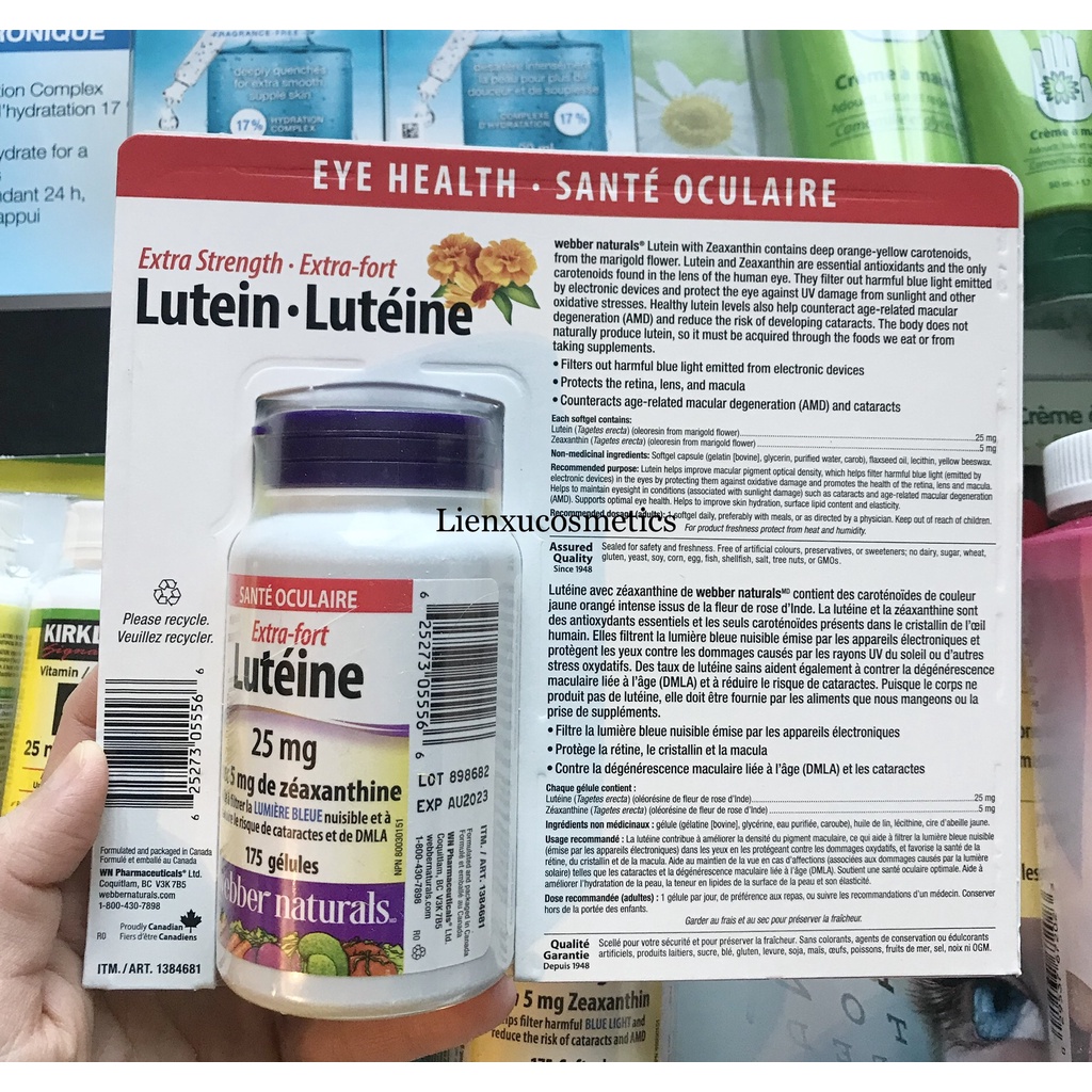 Viên uống bổ mắt Webber Naturals Lutein 25mg 175viên, Hsd 2027
