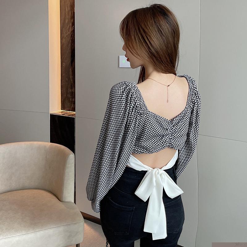 Áo croptop tay dài cổ vuông họa tiết kẻ caro thiết kế độc đáo phong cách retro Hàn Quốc cho nữ