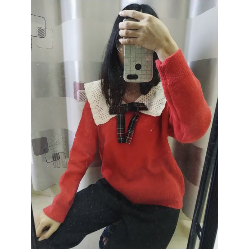 Hàng có sẵn ~ Áo len đỏ cổ rộng phối nơ kẻ caro siêu xinh (ảnh thật 100%)