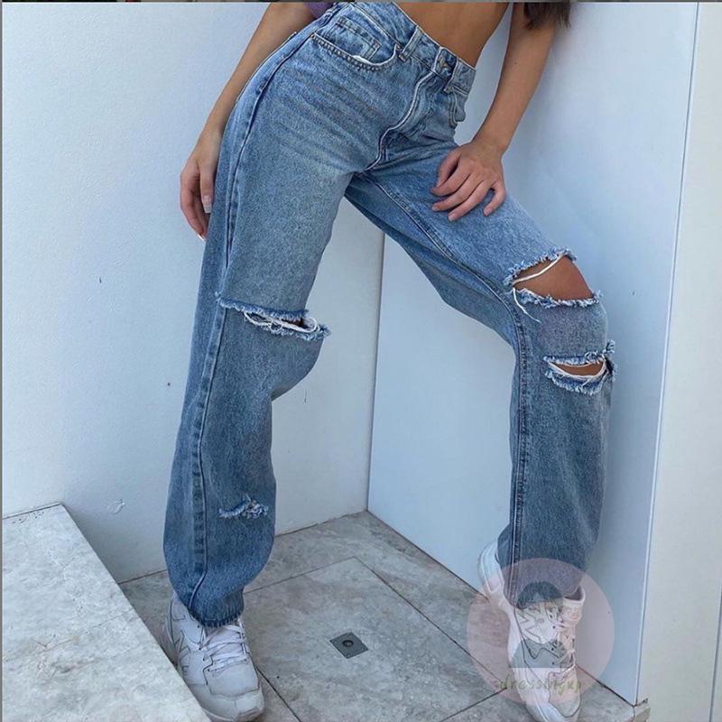 Quần Jean Dài Lưng Cao Ống Rộng Phối Rách Cá Tính Dễ Phối Đồ Cho Nữ