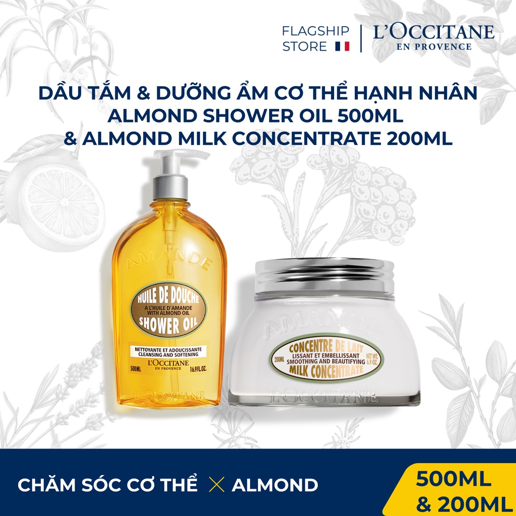 Dầu tắm Almond shower oil 500ml và dưỡng ẩm cơ thể hạnh nhân Almond Milk Concentrate 200ml L'Occitane