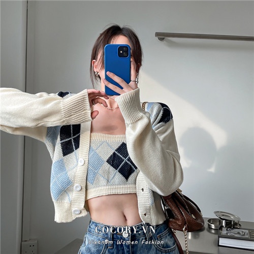 Cocory vn Áo ống/ Áo khoác cardigan tay dài họa tiết sọc caro thời trang quyến rũ cho nữ