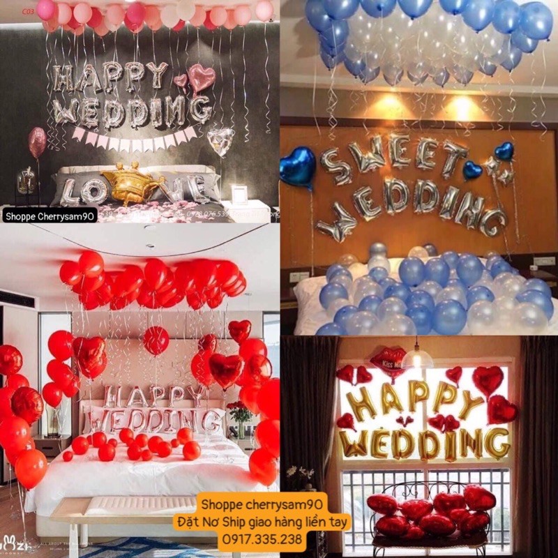 Set Bóng HAPPY Wedding Tim Sao 30 Bóng Tặng 1Bơm 1keo Dán,1Ruy Băng