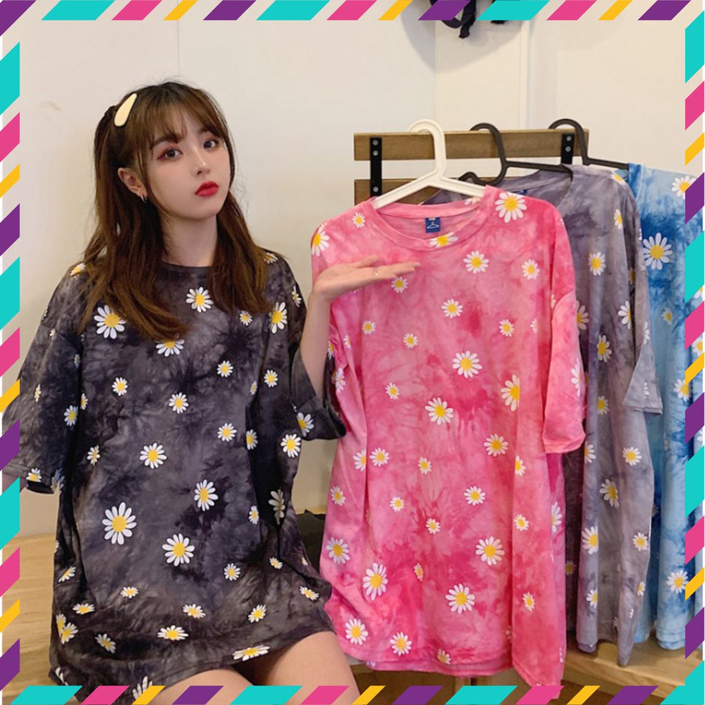 Áo thun tay lỡ unisex HOA CÚC màu loang form rộng siêu hot -A16