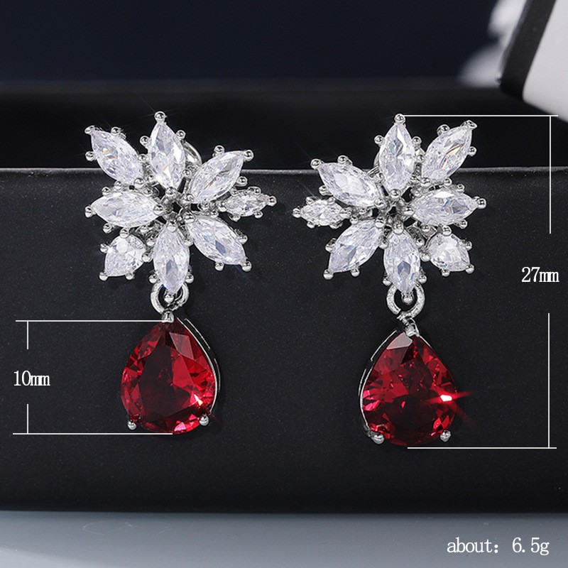 Bông Tai Đính Đá Zircon Toàn Diện Hình Giọt Nước Màu Đỏ