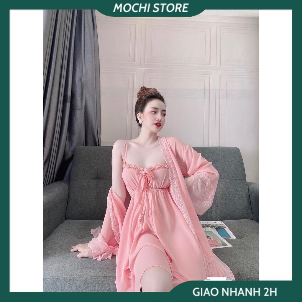 Set 3 Món Đồ Ngủ, Đầm 2 Dây Nữ, Áo Choàng Phối Ren Kèm Quần Chất Chiffon Màu Trơn Form Dáng Rộng Rãi Thời Trang Mặc Nhà | BigBuy360 - bigbuy360.vn