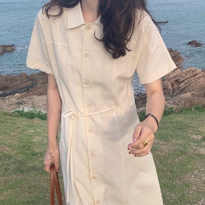 Đầm sơ mi IELGY mỏng màu trơn chiết eo thiết kế thời trang cho nữ