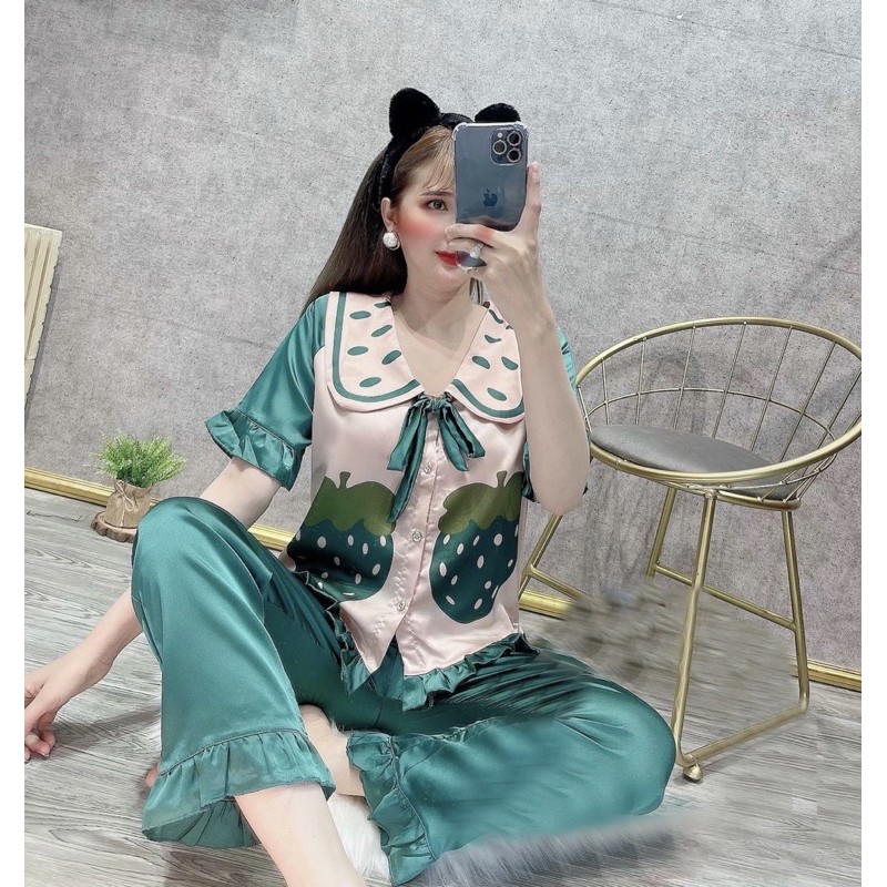 Bộ Lụa Pijama Satin Thiết Kế Hoạ Tiết Quả Dâu Tay Ngắn 🌸 Bộ Mặc Nhà [HÀNG ĐẸP CHUẨN] | BigBuy360 - bigbuy360.vn