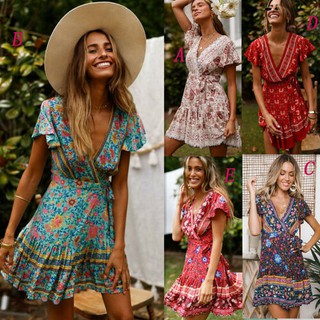 Đầm nữ tay ngắn họa tiết hoa phong cách boho thời trang quyến rũ