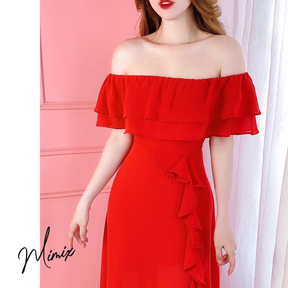 Đầm maxi nữ bèo tầng có lót xẻ tà MIMIX BK8210