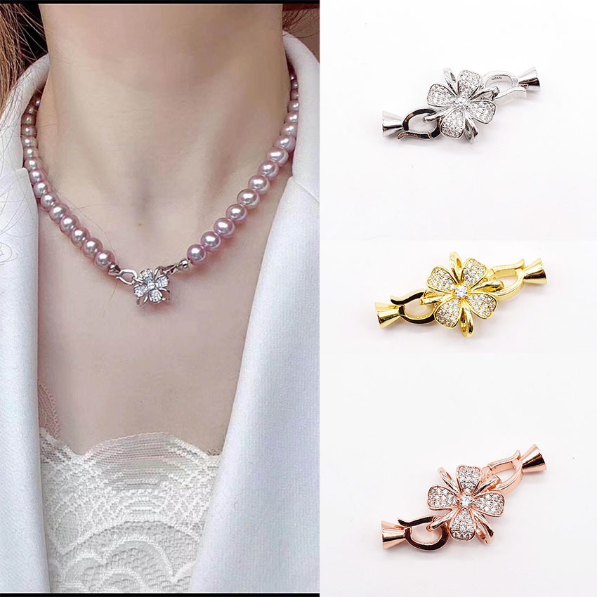 [K35B] Phụ kiện trang sức (DIY) - Chốt khóa cỏ 4 lá nạm đá gắn mặt làm vòng cổ vòng tay