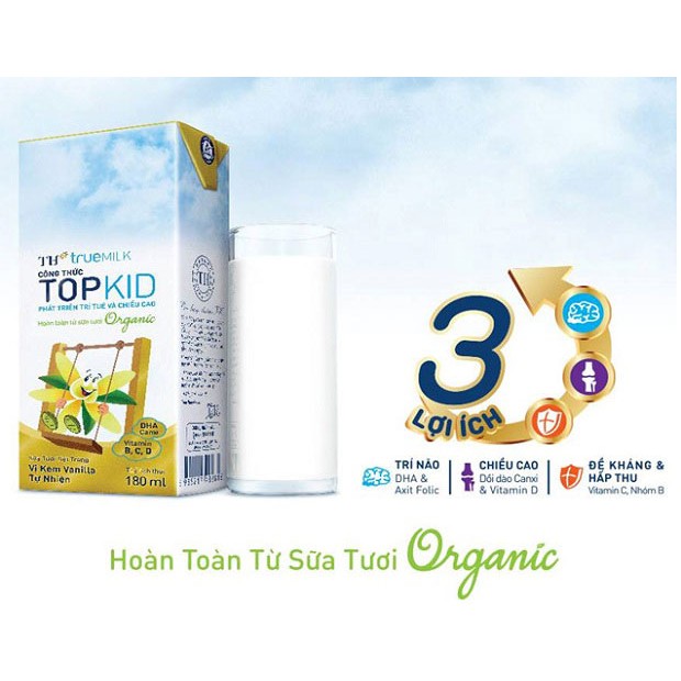 TH true MILK Thùng Sữa  Công thức TOPKID hoàn toàn từ sữa tươi Organic-Kem Vanilla tự nhiên 180ml