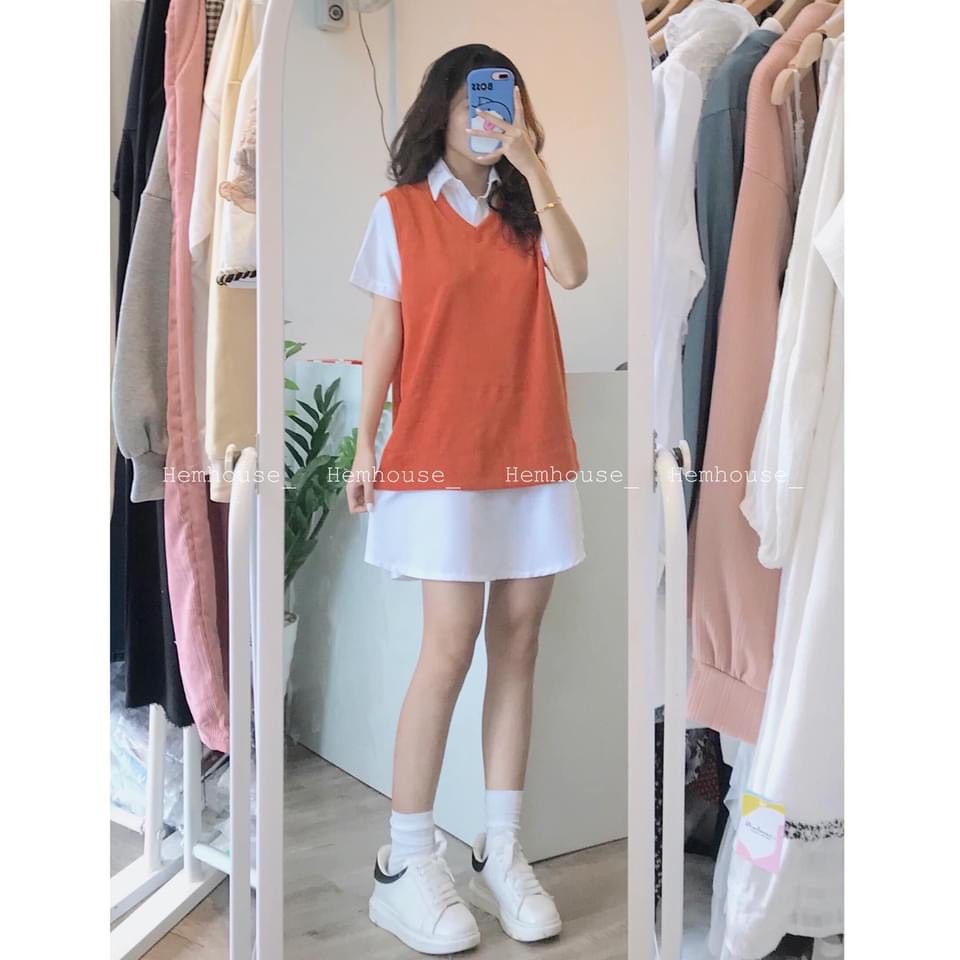 [Mã FAGREEN245 giảm 10% tối đa 30K đơn 99K] Set sơ mi giấu quần phối áo gile gân cam | BigBuy360 - bigbuy360.vn