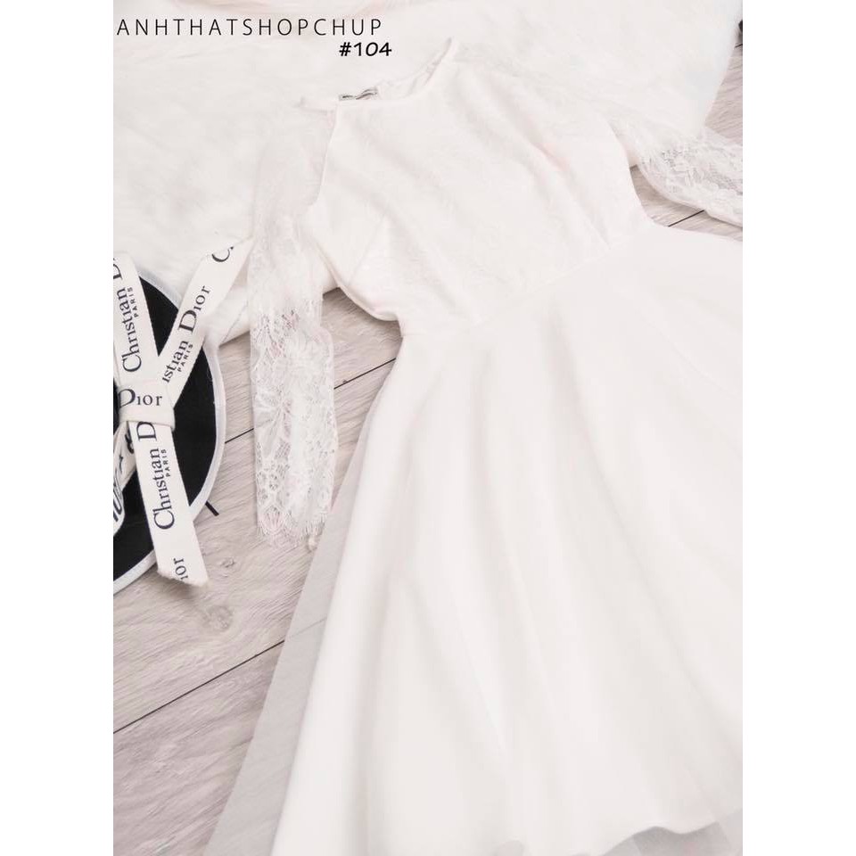 Đầm trắng xòe dự tiệc, đầm baby doll phối lưới