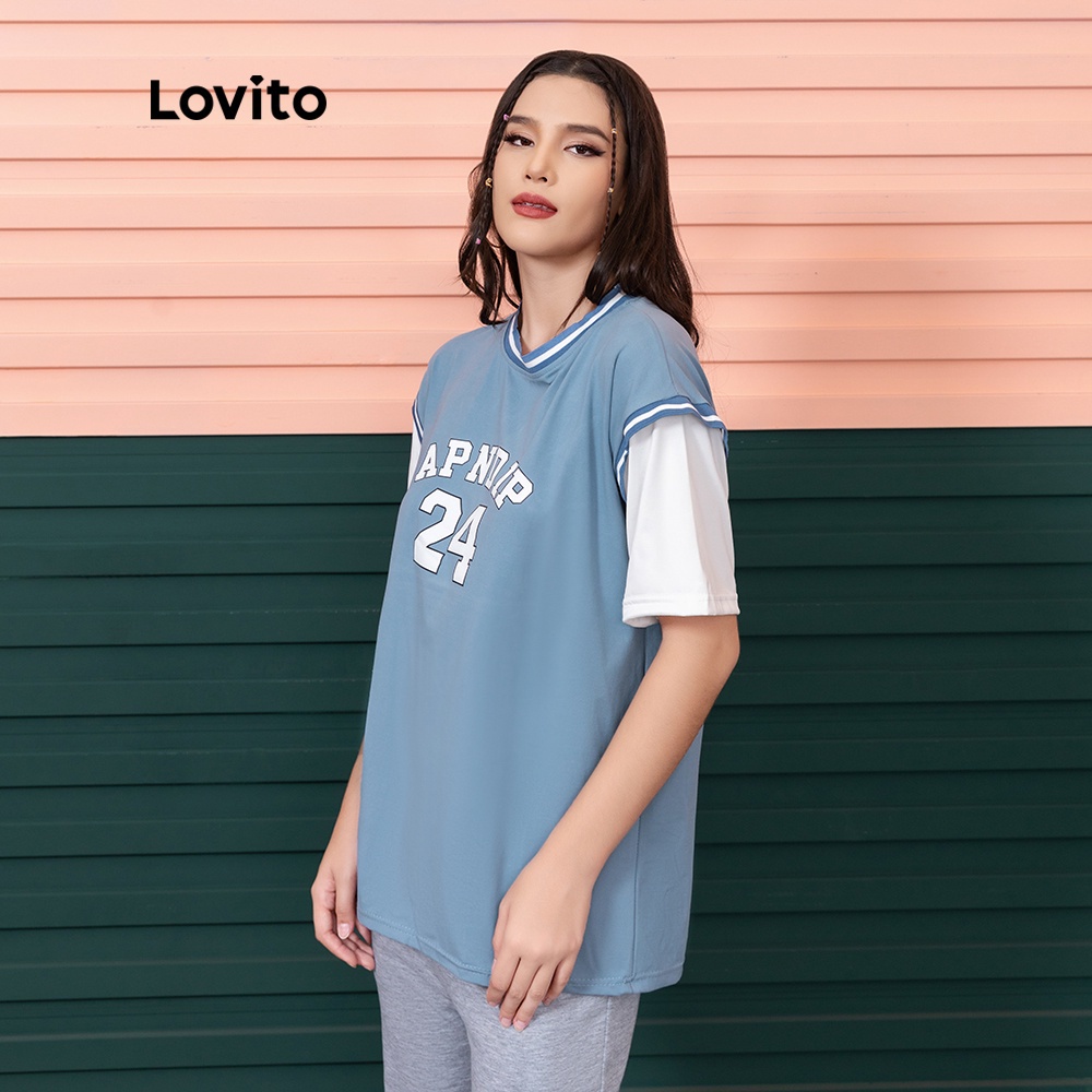 Áo Thun Lovito In Chữ Phong Cách Thể Thao 2 Trong 1 L06036 (Màu Xanh Dương)