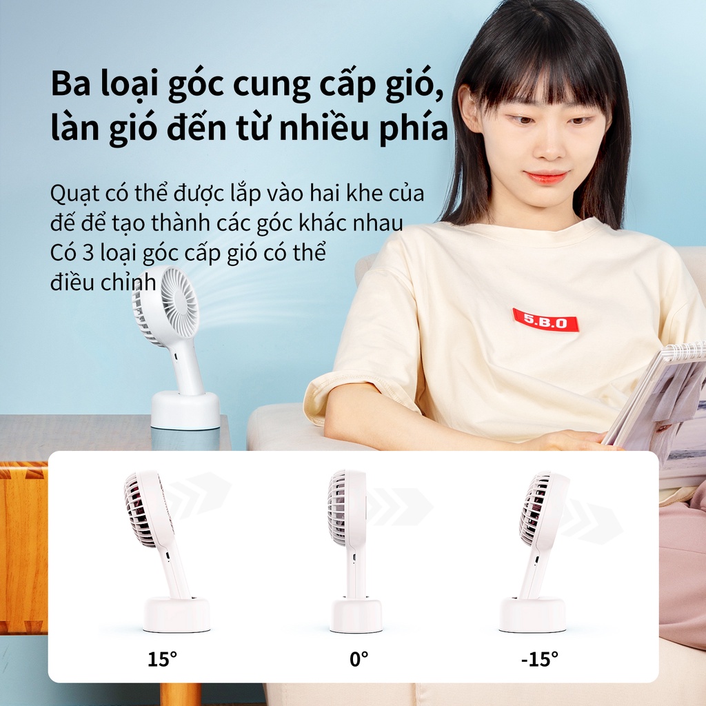 Quạt mini cầm tay không tiếng ồn Nusign - có đế cố định - Trắng/ Xanh/ Hồng - 85811