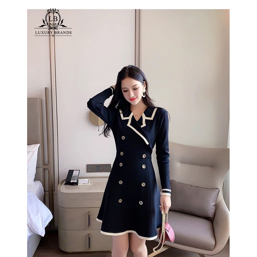 [CÓ SẴN] Váy đầm cổ vest blazer dài tay chân váy xòe 2 hàng cúc dọc màu đen trắng ulzzang Hàn Quốc l1