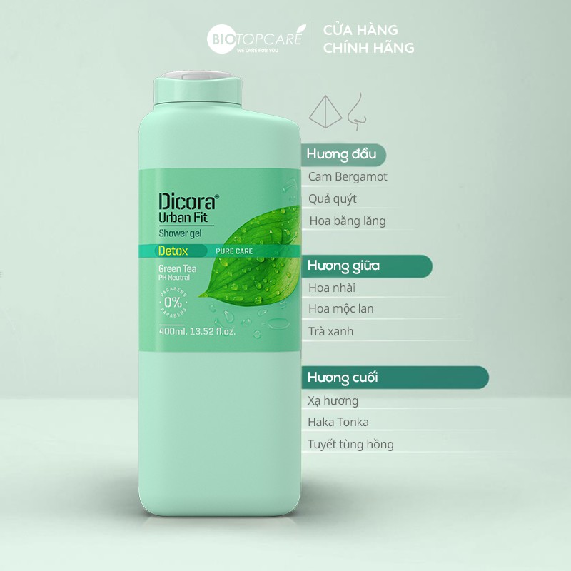 Sữa tắm Detox Dicora Urban Fit Pure Care Green Tea Trà Xanh 400ml - BioTopcare Official