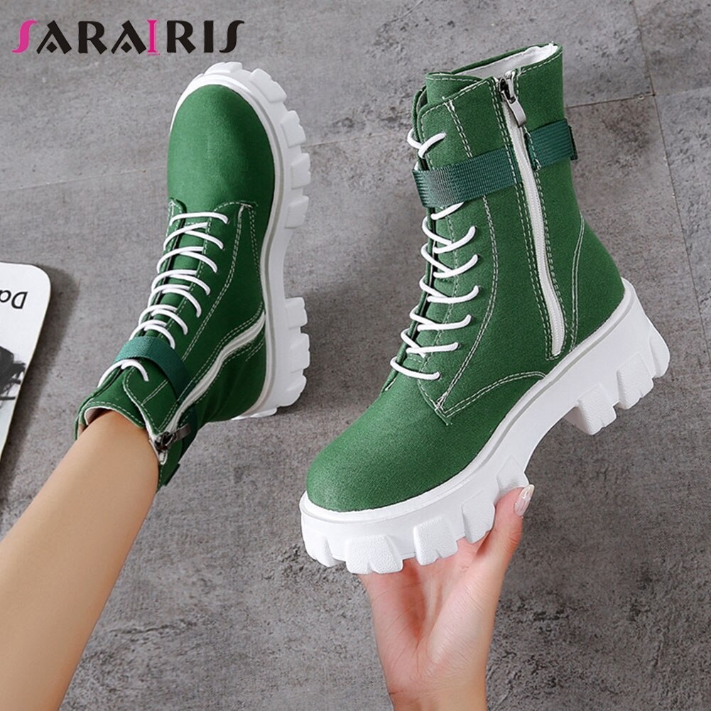 Sararis 2021 Phụ Nữ Mùa Thu Mới &#Giày Bốt Cổ Ngắn Đế Thô Vải Bạt Thời Trang Đường Phố Cho Nữ 39;s