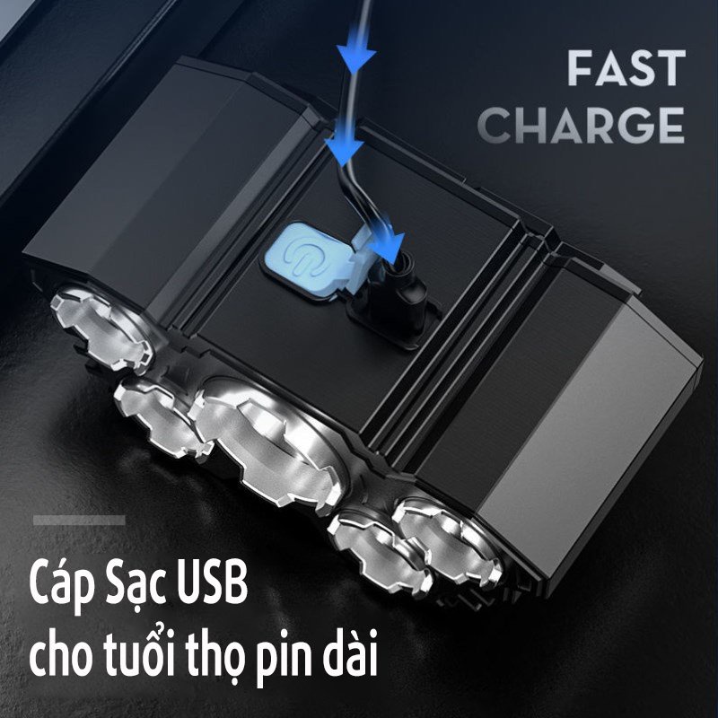Đèn Pin Đội Đầu 5 Bóng, Đèn Pin Dã Ngoại Sạc Tích Điện Chống Nước Cầm Tay