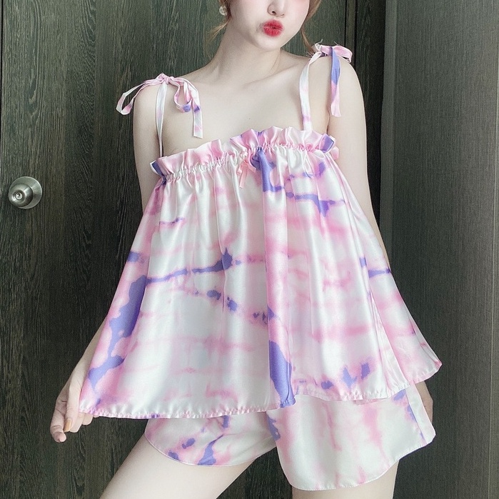 Đồ Ngủ Sexy Nữ SOJUN Bộ Mặc Nhà , Bộ Đùi Satin Nhún Bèo 40-70 kg