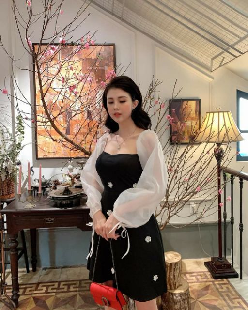 Đầm đính hoa tay phồng