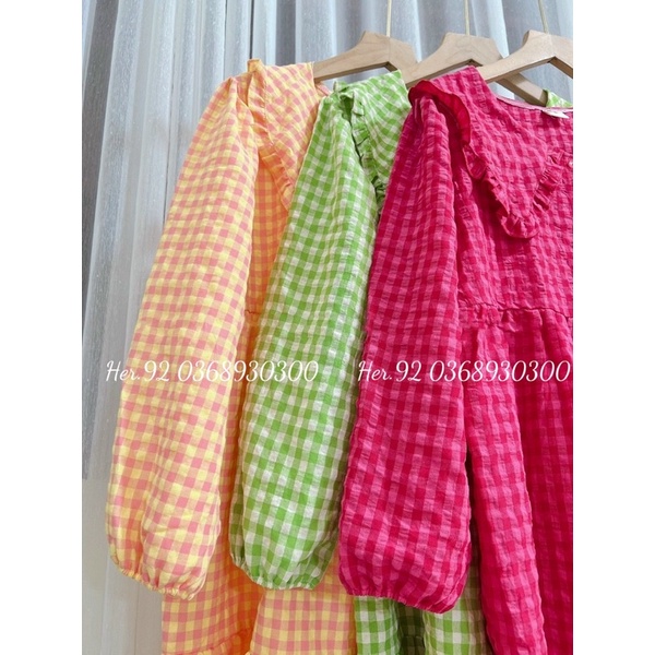Đầm Babydoll tay dài hoạ tiết kẻ ô mặc thu đông siêu xinh