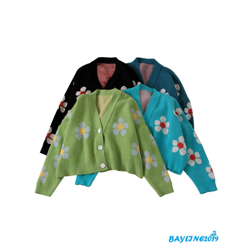 Áo khoác len cardigan tay dài cổ chữ V họa tiết hoa cho nữ