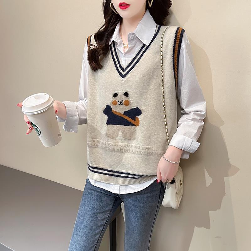 Áo sweater Dệt Kim Không Tay Dáng Rộng In Hình Gấu Phong Cách Hàn Quốc Thời Trang Mùa Thu Mới Cho Nữ