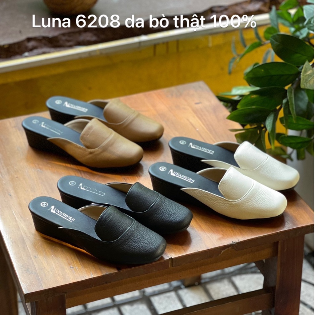 Giày sục nữ 3p LUNASHOES 6208 da bò mềm êm chân mũi tròn đế tpr chống trơn trượt chống nước bảo hành 2 năm