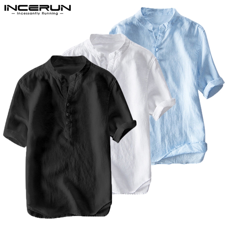 INCERUN Men Slim Fit Cotton Linen Plain V Neck Short Sleeve Shirt | BigBuy360 - bigbuy360.vn