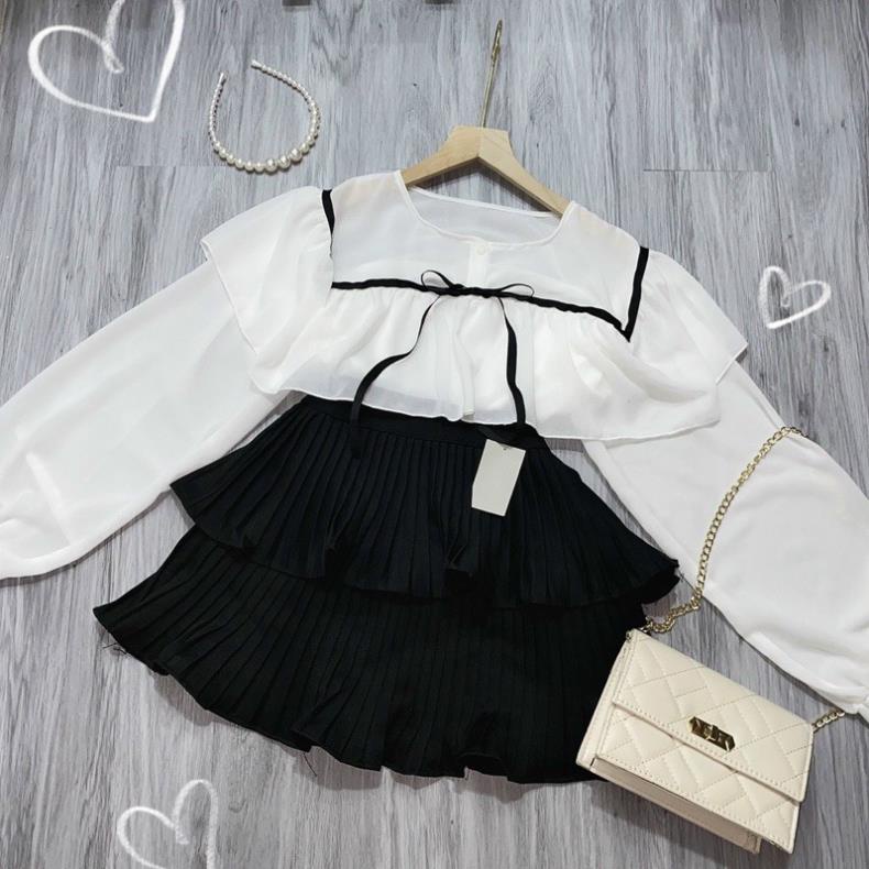 Áo kiểu nữ chất vải Voan tay phồng kẻ viền phối nơ cổ [Hàng Đẹp] | BigBuy360 - bigbuy360.vn