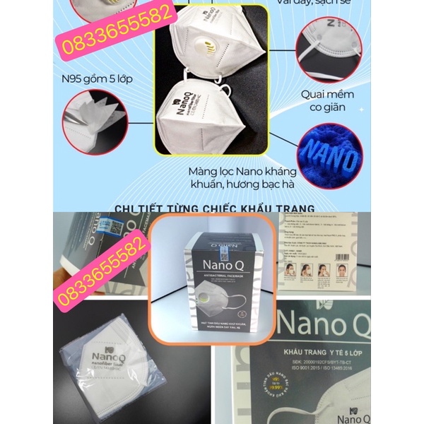 Khẩu trang y tế N95 NanoQ 5 lớp có màng lọc Nano tinh dầu (1 HỘP) kháng khuẩn ngăn bụi mịn ôm khít mặt và giặt dùng lại