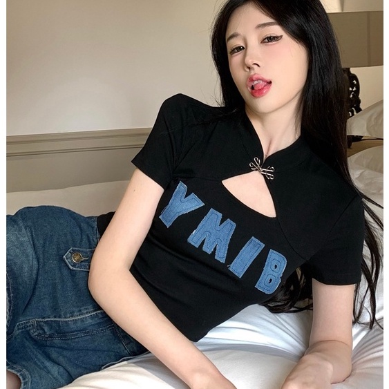 WANG JIAO ZHAN Áo Thun Cotton Mỏng Tay Ngắn Dáng Ôm Thiết Kế Khoét Lỗ Màu Đen Thời Trang Cho Nữ