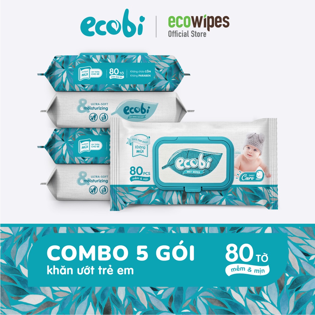 Combo 5 Gói Khăn ướt em bé Ecobi (80 tờ/gói) Không Mùi - Siêu Thấm Hút