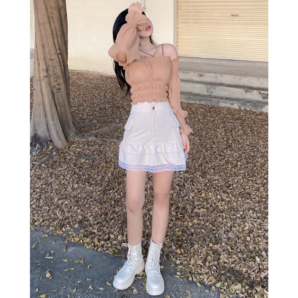 THE FANCE | Chân váy lưng cao kaki phối ren POUPEE SKIRT