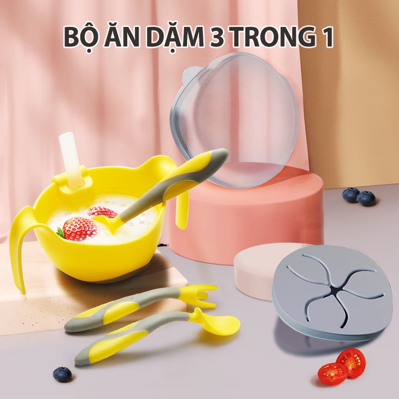 Bộ Bát Ăn Dặm Có Đáy Hút Chống Lật Kèm Thìa Dĩa Bẻ Cong MISUTA An Toàn Cho Bé YOOTA BABY