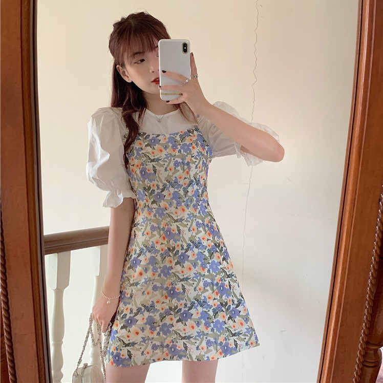 Xiaozhainv Áo tay phồng / Đầm Hoa Phong Cách Hàn Quốc Xinh Xắn Cho Nữ