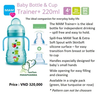 [sẵn] Pink 🇫🇷 bình tập Mam quai tay cầm 220ml trainer + 2 ty kèm uống sữa, nước, trái cây