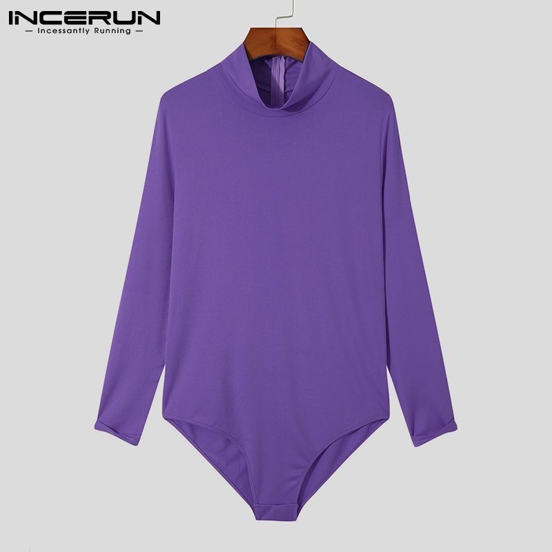 Áo liền quần INCERUN tay dài cổ lọ màu trơn có dây kéo phía sau co giãn thoải mái thời trang cho nam