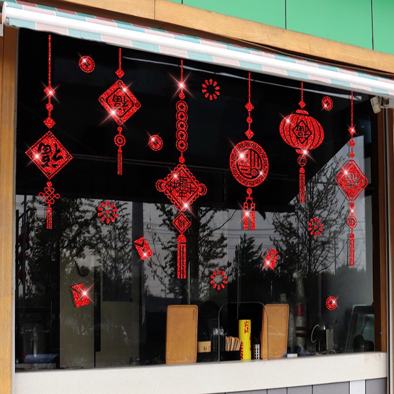 Decal trang trí Tết - Rèm dây bảng lồng đèn nhũ kim tuyến đỏ