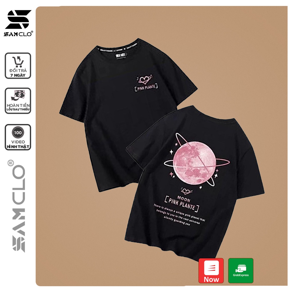 Áo thun tay lỡ nam nữ SAM CLO phông form rộng dáng Unisex, mặc lớp, nhóm, cặp in hình MẶT TRĂNG MOON PINK PLANTE màu đen