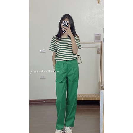 Quần suông nữ dáng dài cạp cao nắp túi chun lưng chất kaki dãn_Linhchi.studio
