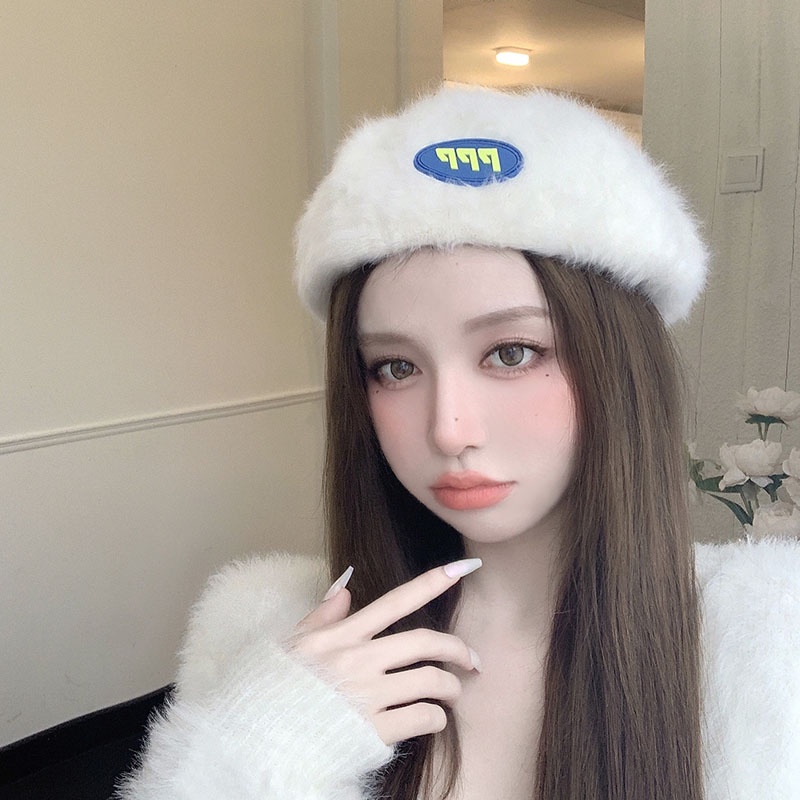 Mũ beret lông thỏ màu trắng dễ thương thời trang thu đông cho nữ