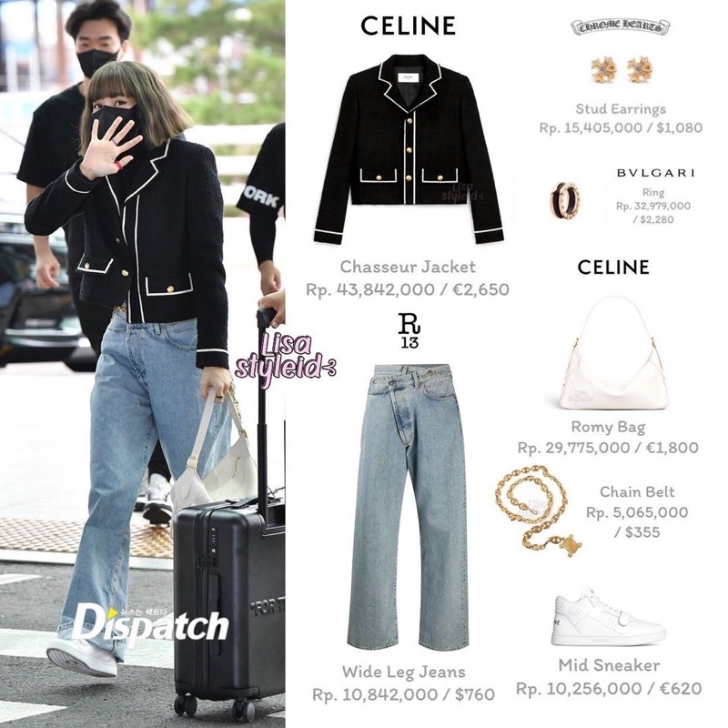 Set Áo khoác tweed đen và quần jeans lệch cạp giống Lisa BLACKPINK, Park Min Young